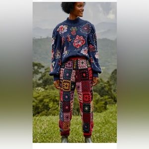 Farm Rio Multi Color Mosaic Crochet Sweater Jogger Pant Size XL